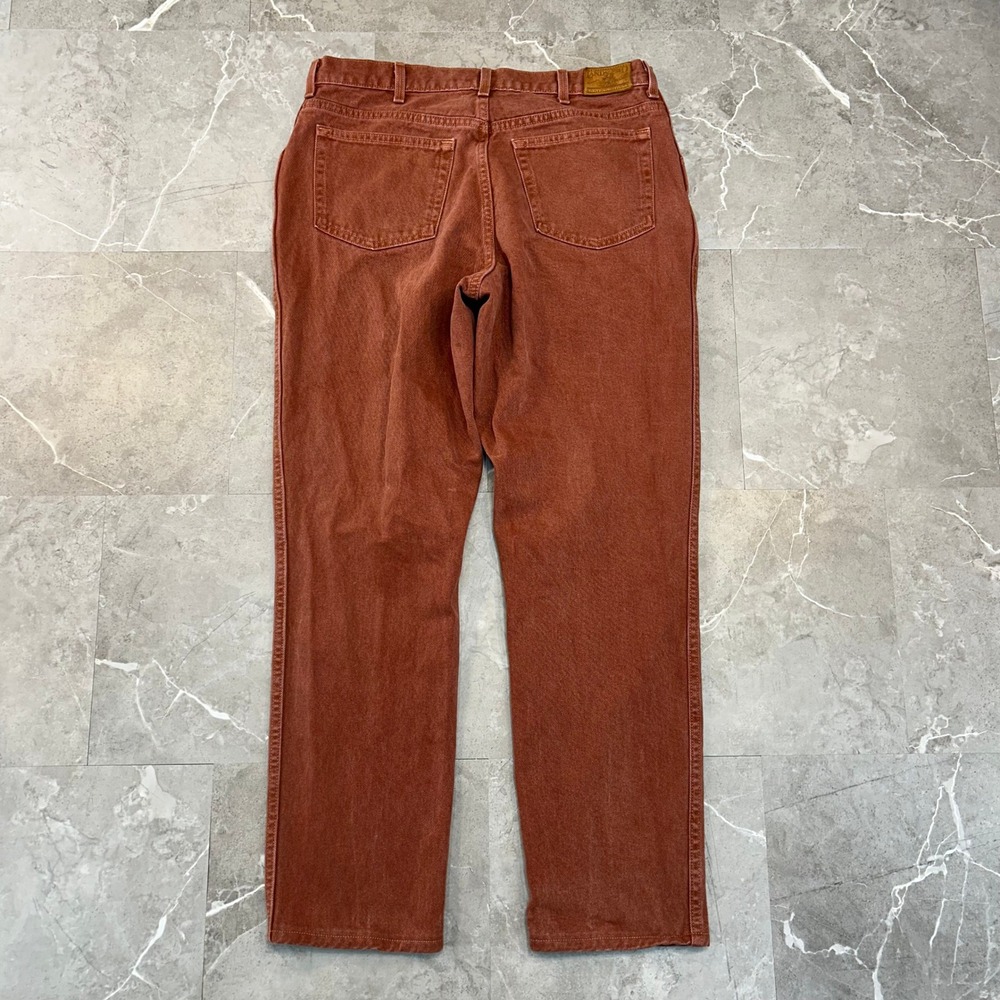 90s Vintage Lands End Square Rigger Jeans Mens 36x30 Rust Red Denim Made In USA